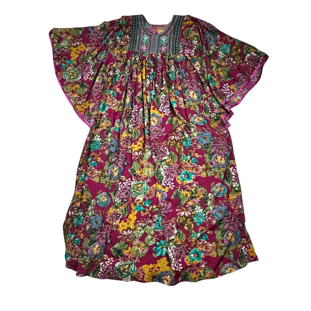 VTG Style Floral Kaftan Maxi Dress Magenta Butterfly Sleeve Embroidered India‎